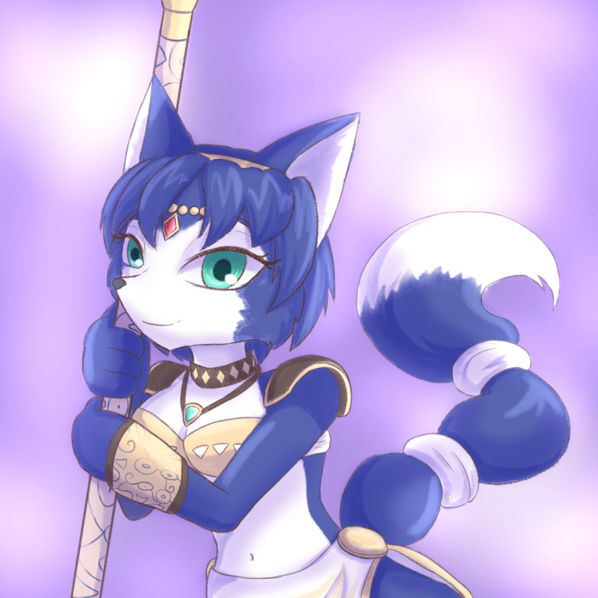 1:1 2019 anthro armor black_nose blue_body blue_fur blue_hair breasts canid canine cleavage clothed clothing digital_media_(artwork) dipstick_tail eyebrows eyelashes female fox fur green_eyes hair hi_res holding_object jewelry krystal krystal's_staff loincloth looking_at_viewer mammal multicolored_tail navel necklace nintendo purple_background short_hair simple_background smile solo standing star_fox tailband unknownlifeform video_games white_body white_fur