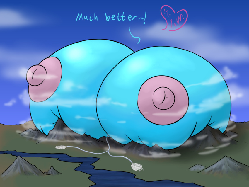 big_breasts bodily_fluids breast_expansion breasts cloud equid equine genital_fluids horse huge_breasts inflation mammal mountain my_little_pony nipples pony river sky stunnerpony