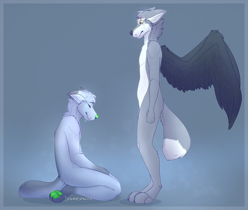 2015 anthro black_body black_feathers canid canine canis digital_media_(artwork) feathered_wings feathers fur green_nose green_pawpads grey_body grey_fur hybrid kneeling mammal pawpads senimasan standing wings wolf