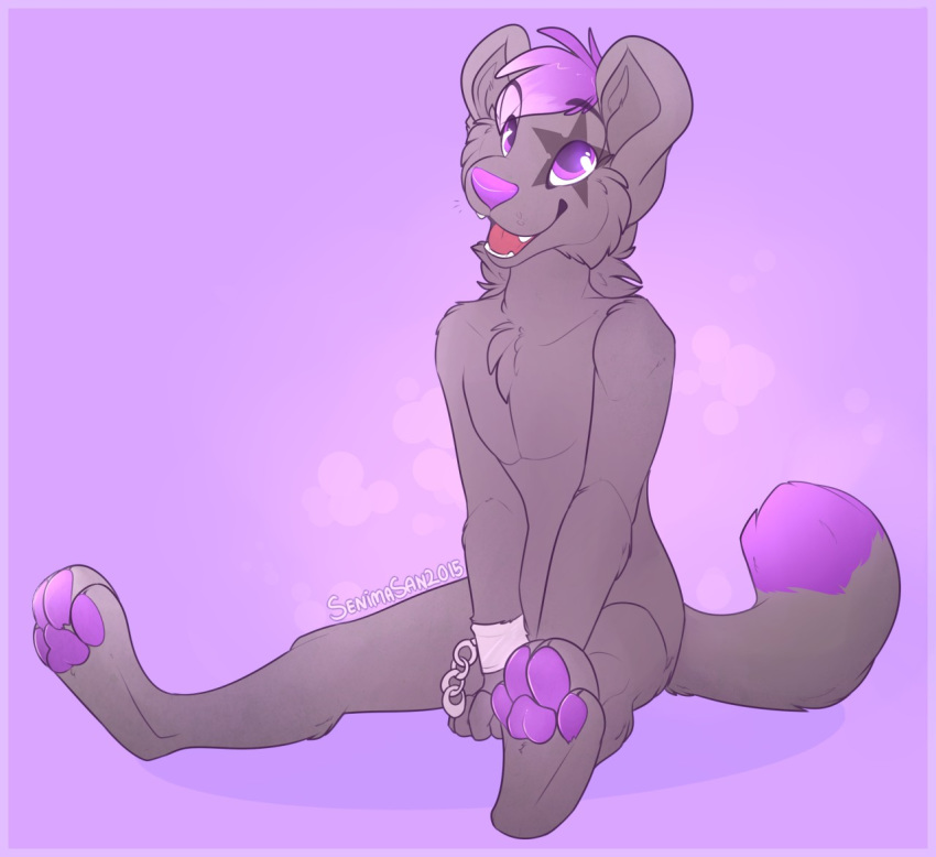 2015 anthro biped black_body black_fur digital_media_(artwork) domestic_cat felid feline felis fur hair male mammal nude open_mouth pawpads purple_eyes purple_hair purple_nose senimasan sitting solo teeth tongue