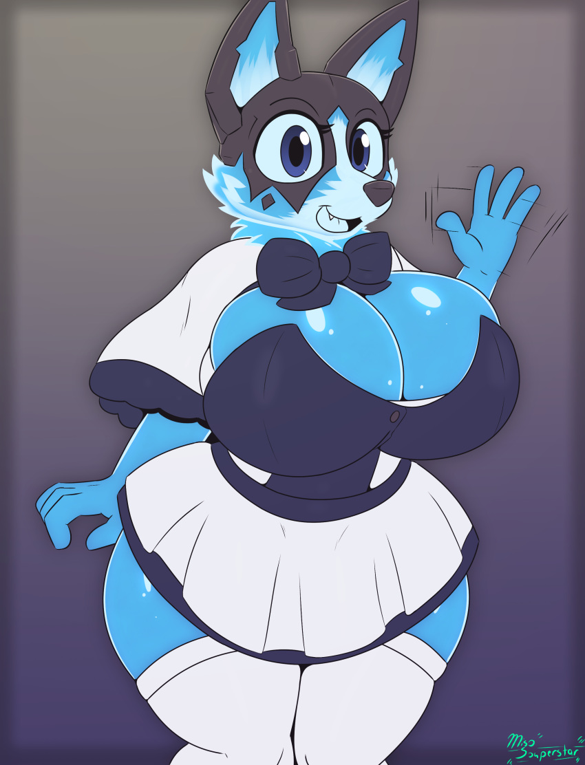 2019 4_fingers absurd_res anthro azuli big_breasts blizzard_entertainment blue_eyes bow_tie breasts canid cleavage clothed clothing digital_drawing_(artwork) digital_media_(artwork) fangs female fingers gesture hi_res huge_breasts looking_at_viewer mammal miso_souperstar molten_corgi open_mouth open_smile signature smile solo video_games warcraft waving wide_hips