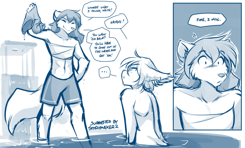 ... 2019 abs annoyed anthro basitin blush canid canine canis chest_wraps clothing comic conditional_dnp dialogue duo english_text eyes_closed female glare hand_on_hip hi_res holding_object keidran keith_keiser male mammal midriff monochrome natani navel partially_submerged simple_background sketch smile smirk surprise swimming_trunks swimwear text tom_fischbach twokinds webcomic wet white_background wolf wraps