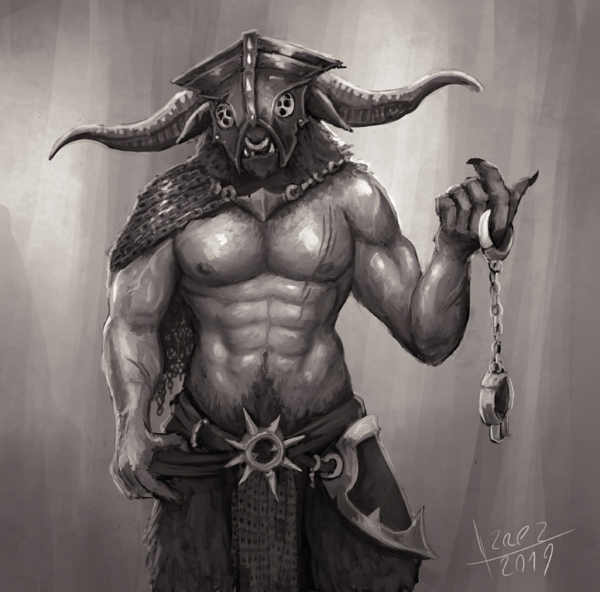 armor beastmen belt cape chainmail clothing facial_piercing hand_on_thigh handcuffs headgear helmet hi_res horn humanoid izrez loincloth male mammal muscular muscular_male nipples nose_piercing piercing pubes scar seductive septum_piercing shackles solo standing teeth tusks unconvincing_armor warhammer_(franchise) warhammer_fantasy