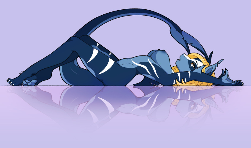 2019 5_fingers anthro arched_back arms_above_head big_breasts blonde_hair blue_body breasts digital_media_(artwork) feet female fingers fish hair hi_res lying marine nipples nude on_back open_mouth paws red_hair shark simple_background solo stripes teeth toes tom_ree uri_renard_blanc_(ryltar) white_stripes
