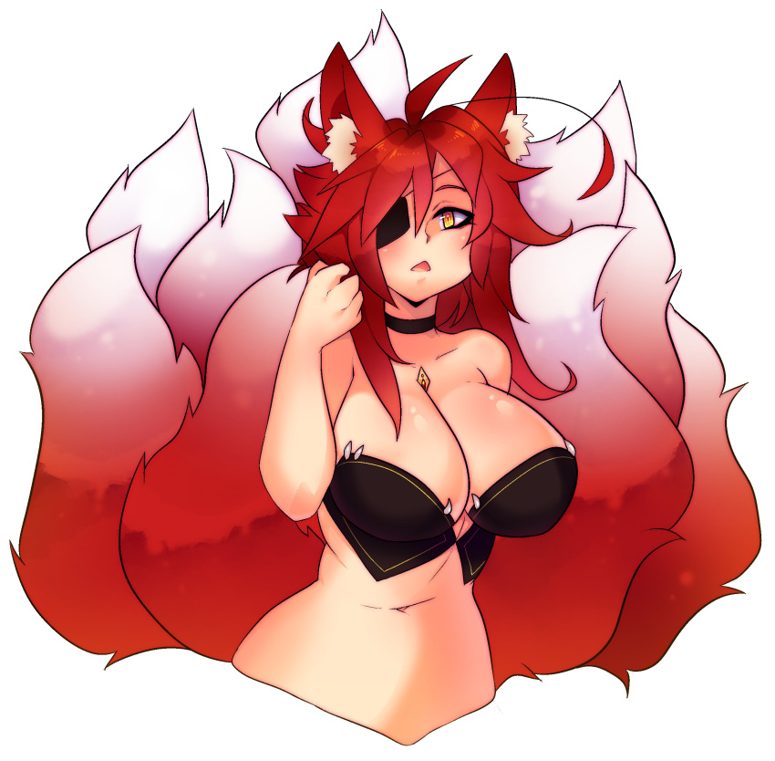 2016 5_fingers animal_humanoid big_breasts blush breasts canid canid_humanoid canine canine_humanoid character_request choker digital_media_(artwork) dipstick_tail eye_patch eyewear female fingers fox fox_humanoid front_view hair hi_res huge_breasts humanoid inner_ear_fluff jewelry long_hair looking_at_viewer mammal mammal_humanoid multicolored_tail navel necklace open_mouth raikissu red_hair simple_background solo tuft white_background yellow_eyes