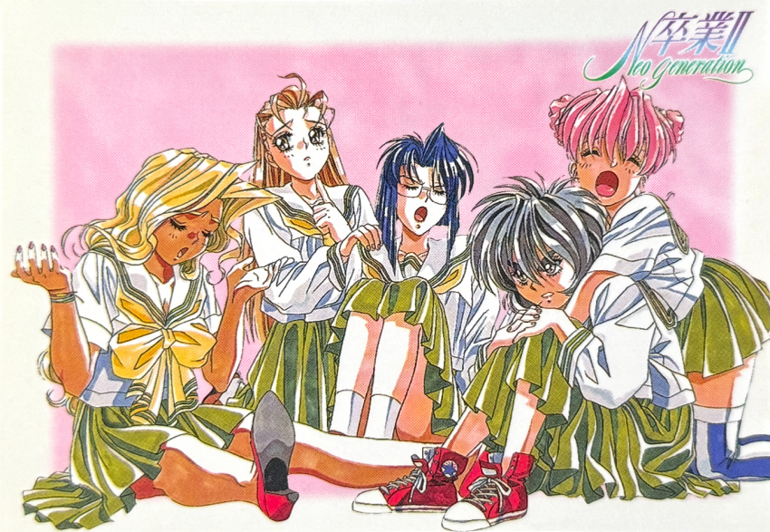 1990s_(style) black_hair blonde_hair blue_hair bracelet brown_hair cindy_sakurai closed_eyes copyright_name dark-skinned_female dark_skin double_bun graduation_(series) green_skirt hair_bun hand_on_another's_shoulder high_heels hug hug_from_behind interlocked_fingers inuzuka_saori ishibashi_misako jewelry kneeling knees_up long_hair long_skirt long_sleeves marker_(medium) medium_hair miniskirt no_socks non-web_source official_art open_mouth own_hands_together pink_hair pleated_skirt pumps red_shoes retro_artstyle rimless_eyewear scan school_uniform shoes short_hair short_sleeves shrugging sitting skirt sneakers solo sotsugyou_ii:_neo_generation takei_masaki tani_yurika traditional_media w_arms yasuda_maina zettai_ryouiki