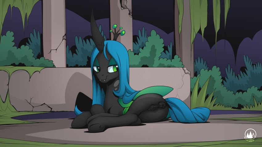 16:9 2019 anus arthropod butt changeling female feral friendship_is_magic hi_res looking_at_viewer my_little_pony mysticalpha outside pussy queen_chrysalis_(mlp) solo