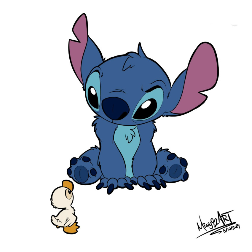 1:1 2019 4_fingers 4_toes alien ambiguous_gender anatid anseriform avian beak bird black_eyes blue_body blue_claws blue_fur blue_nose blue_pawpads chest_tuft claws cub digital_media_(artwork) disney duck duo experiment_(lilo_and_stitch) eye_contact eyebrows feathers feral fingers fluffy fur head_tuft hi_res lilo_and_stitch looking_at_another looking_down looking_up membrane_(anatomy) mimy92sonadow notched_ear pawpads raised_eyebrow signature simple_background stitch_(lilo_and_stitch) toes tuft webbed_feet white_background white_body white_feathers yellow_beak young