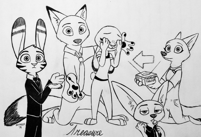 2019 ambiguous_gender anthro barefoot black_and_white blush bottomwear canid canine clothed clothing dipstick_ears disney ears_down english_text facial_markings fennec finnick fox fully_clothed group head_markings head_tuft hi_res holding_object inktober inner_ear_fluff jack_savage judy_hopps kneeling lagomorph leporid looking_at_viewer mammal markings monochrome multicolored_ears necktie nick_wilde overalls pants pivoted_ears rabbit shirt simple_background skye_(zootopia) suit text theblueberrycarrots topwear tuft white_background zootopia