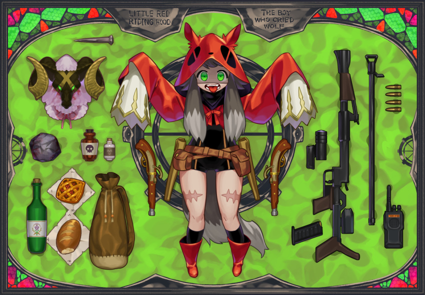 1girl animal_ears animal_head bangs black_legwear blood boots border bottle bread bullet copyright_name drawstring english_text fanny_pack food full_body green_background green_eyes grey_hair gun handgun hood hood_up kneehighs leotard little_red_riding_hood little_red_riding_hood_(grimm) long_hair long_sleeves looking_at_viewer nail nowaki_nakasane open_mouth outstretched_arms pie poison pouch red_footwear red_hood rock scar shaded_face sheep_head skull_print sleeves_past_fingers sleeves_past_wrists solo split_theme stained_glass the_boy_who_cried_wolf tongue tongue_out turtleneck walkie-talkie weapon weapon_request wheel wolf_ears wolf_hood zombie_pose
