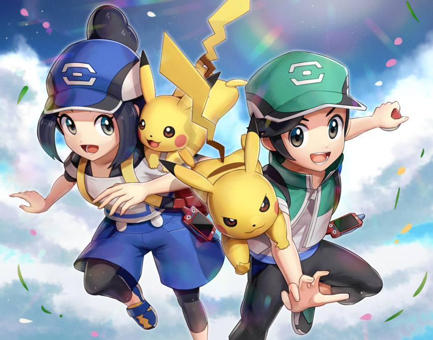 1boy 1girl :d backpack bag baseball_cap black_hair black_legwear black_pants blue_headwear blue_shorts blue_sky cellphone cloud collarbone commentary_request gen_1_pokemon gonzarez green_headwear grey_eyes hair_bun hat holding holding_poke_ball jacket kei_(pokemon) leggings legwear_under_shorts open_mouth outstretched_arm pants pantyhose petals phone pikachu poke_ball poke_ball_(generic) pokemon pokemon_(creature) pokemon_(game) pokemon_masters porygon running shoes short_sleeves shorts sidelocks sky smartphone smile yui_(pokemon)