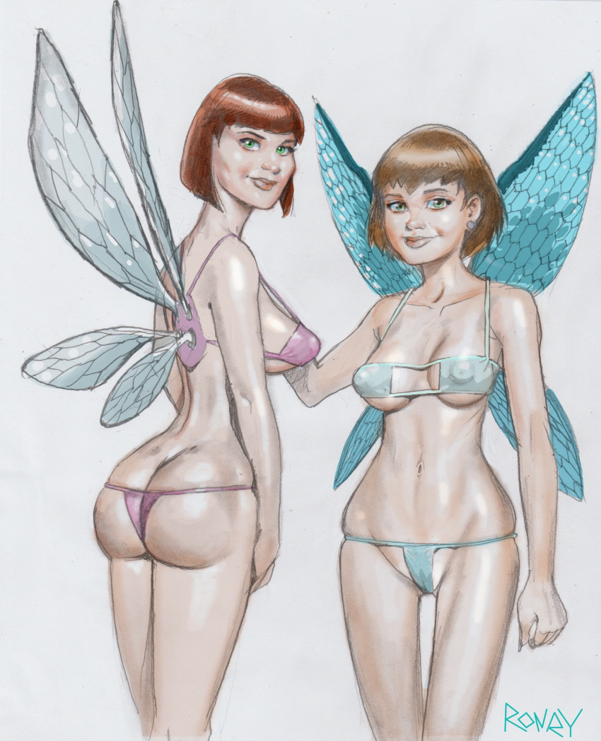 2018 4_wings 5_fingers animal_humanoid arthropod arthropod_humanoid bikini blue_bikini blue_wings breasts brown_hair butt butt_cleavage camel_toe clothing duo ear_piercing ear_stud female fingers furgonomics green_eyes grey_background hair hi_res humanoid hymenopteran hymenopteran_humanoid insect insect_humanoid insect_wings janet_van_dyne marvel multi_wing nadia_van_dyne navel nipples piercing pink_bikini pussy ronry_drawdude short_hair simple_background smile stepdaughter stepmother stepmother_and_stepdaughter swimwear translucent translucent_bikini translucent_clothing translucent_swimwear wasp_(marvel) wasp_humanoid winged_humanoid wings