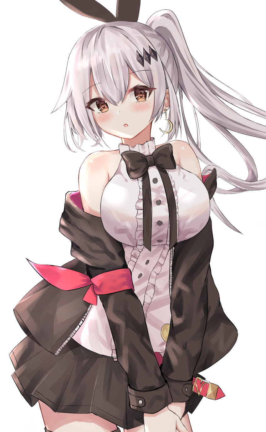 1girl 1revy :o bare_shoulders black_jacket black_neckwear black_skirt bow bowtie breasts brown_eyes cowboy_shot crescent crescent_earrings earrings five-seven_(girls_frontline) frilled_shirt frills girls_frontline hair_between_eyes hair_ornament hair_ribbon highres jacket jewelry large_breasts long_hair long_sleeves looking_at_viewer miniskirt open_clothes open_jacket parted_lips red_ribbon ribbon shirt side_ponytail sidelocks silver_hair simple_background skirt sleeveless sleeveless_shirt solo thigh_strap v_arms white_background white_shirt