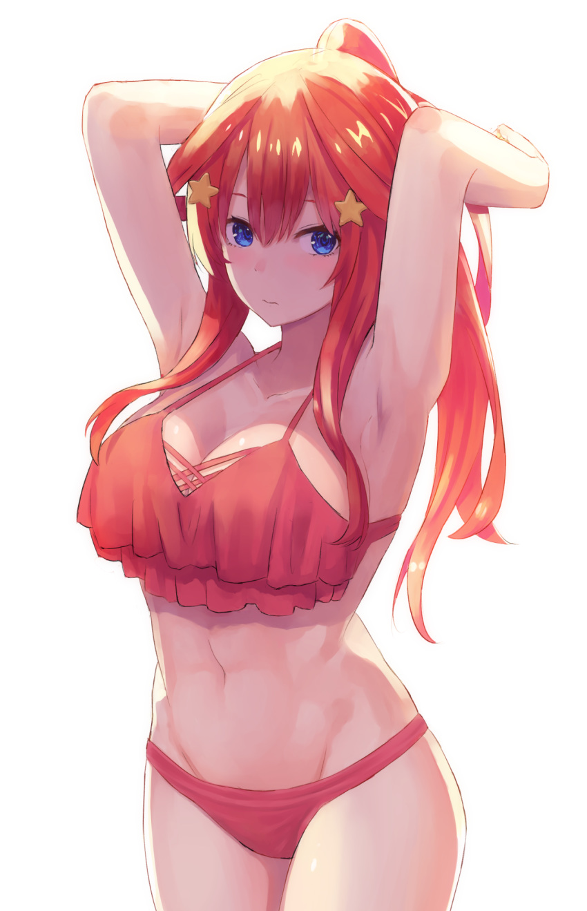 1girl armpits arms_behind_head arms_up bikini blue_eyes breasts cleavage closed_mouth collarbone cowboy_shot go-toubun_no_hanayome hair_ornament high_ponytail highres large_breasts layered_bikini long_hair looking_at_viewer nakano_itsuki navel pony_(shihyo-6591) red_bikini red_hair sidelocks simple_background solo star star_hair_ornament stomach swimsuit very_long_hair white_background