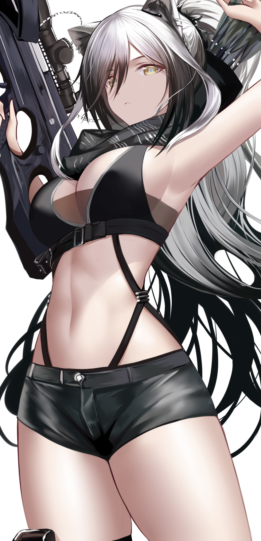 1girl :&lt; absurdres animal_ear_fluff animal_ears arknights arm_up armpits arrow bandeau bare_arms bare_shoulders black_bikini_top black_hair black_scarf black_shorts bow_(weapon) breasts cat_ears cleavage closed_mouth commentary_request cowboy_shot crop_top crossbow gradient_hair hand_up higandgk highres holding holding_crossbow holding_weapon large_breasts long_hair looking_at_viewer midriff multicolored_hair navel ponytail quiver revision scarf schwarz_(arknights) scope short_shorts shorts silver_hair simple_background sleeveless solo standing stomach thighs two-tone_hair very_long_hair weapon white_background yellow_eyes