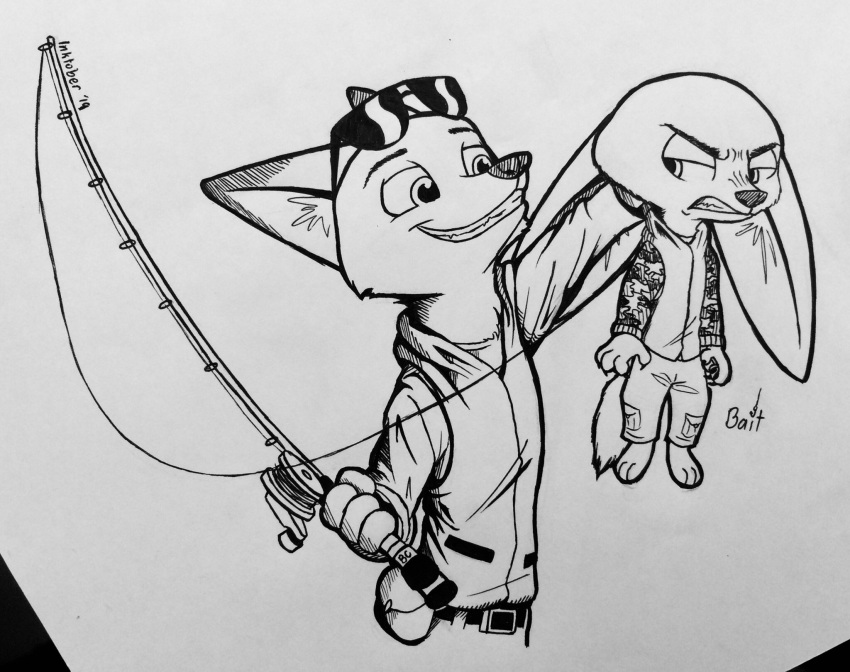 2019 angry barefoot black_and_white bottomwear canid canine clothed clothing disney ears_down eyewear fennec finnick fishing_reel fox fully_clothed grin hi_res holding_object inktober inner_ear_fluff lifting looking_at_another mammal monochrome nick_wilde pants pivoted_ears shirt simple_background smile sunglasses teeth theblueberrycarrots topwear tuft white_background zootopia