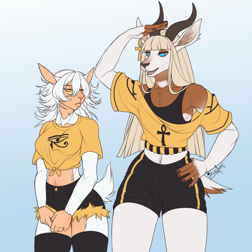 1:1 2019 5_fingers antelope anthro blue_eyes bovid clothed clothing digital_media_(artwork) duo eyebrows eyelashes female fingers hair hazakyaracely hi_res horn male mammal open_mouth smile standing teeth tongue white_hair yellow_eyes