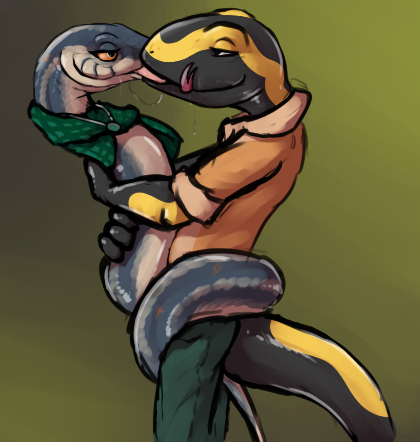 2019 ambiguous_gender amphibian anthro anthro_on_feral bestiality biped black_body black_skin blue_body blue_scales bodily_fluids bottomwear brown_clothing brown_topwear clothed clothing coiling danny_the_salamander digital_media_(artwork) duo embrace eye_contact feral fire_salamander_(salamander) forked_tongue french_kissing fully_clothed garter_snake green_bottomwear green_clothing green_scarf half-closed_eyes hi_res jess_the_snake jewelry kissing lizardlars looking_at_another male male/ambiguous multicolored_body multicolored_scales multicolored_skin necklace orange_sclera pants reptile salamander_(amphibian) saliva saliva_string scales scalie scarf scarf_only shirt side_view simple_background snake standing tongue topwear two_tone_body two_tone_scales two_tone_skin white_body white_scales yellow_body yellow_skin