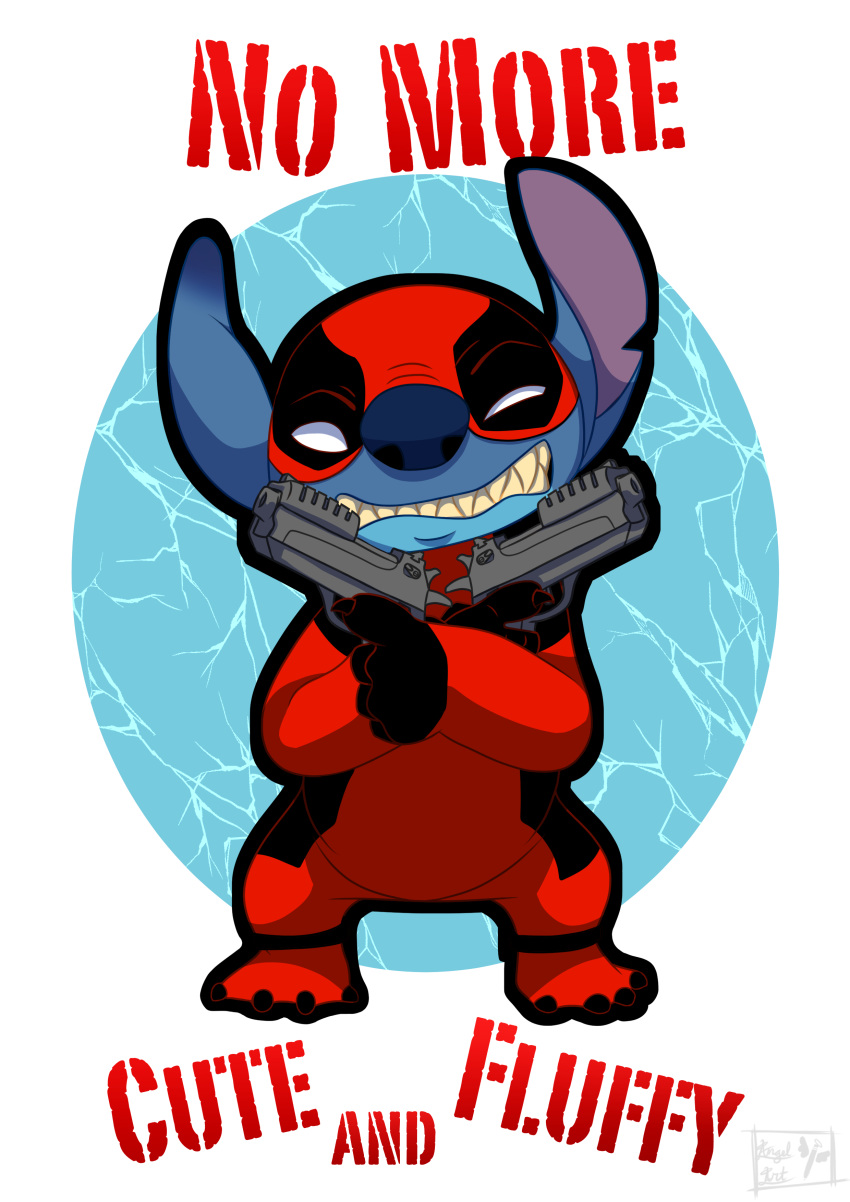 2019 4_fingers 4_toes absurd_res alien angry blue_body blue_nose cel_shading claws clenched_teeth clothed clothing cosplay costume deadpool digital_media_(artwork) disney dual_wielding english_text experiment_(lilo_and_stitch) fingers gun handgun hi_res holding_object holding_weapon lilo_and_stitch looking_at_viewer marvel moon-bow notched_ear pistol ranged_weapon solo stitch_(lilo_and_stitch) teeth text toes weapon