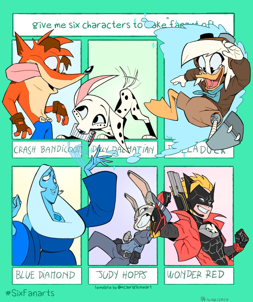 101_dalmatian_street 101_dalmatians 2020 3_toes 4_fingers activision anatid anseriform anthro avian bandicoot beak belt big_ears biped bird black_belt black_clothing black_gloves black_handwear black_mask black_nose black_spots black_suit blonde_hair blue_body blue_bottomwear blue_clothing blue_diamond_(steven_universe) blue_dress blue_eyes blue_hair blue_handwear blue_nails blue_pants blue_scarf blue_shirt blue_shorts blue_topwear blue_vest bottomwear brown_bottomwear brown_clothing brown_eyebrows brown_gloves brown_handwear brown_inner_ear brown_shorts bunny-loop canid canine canis cartoon_network clothing colored_nails crash_bandicoot crash_bandicoot_(series) crossover cybernetic_leg cybernetic_limb dalmatian della_duck diamond_(gem_species) disney dolly_(101_dalmatians) domestic_dog dress duck ducktales ducktales_(2017) ears_up english_description eyebrows eyewear eyewear_on_head feathers feet female fingerless_gloves fingers floppy_ears freckled_face freckles fur gem_(species) gem_on_chest gloves goggles goggles_on_head green_eyes grey_body grey_fur group hair handwear hi_res holding_notebook human humanoid ile jacket jacket_vest judy_hopps lagomorph leg_markings leporid long_hair male mammal markings marsupial membrane_(anatomy) meme nails no_pupils notebook open_mouth orange_beak pants pilot_uniform pink_inner_ear pink_nose pink_tongue platinumgames police police_uniform purple_eyes rabbit red_clothing red_jacket red_jacket_vest red_topwear red_vest scarf shirt shorts six_fanarts_challenge smile socks_(marking) spots steven_universe suit tail tail_aside tan_chest the_wonderful_101 thick_eyebrows toes tongue topwear uniform vest webbed_feet white_body white_eyes white_feathers white_hair wonder-red zootopia