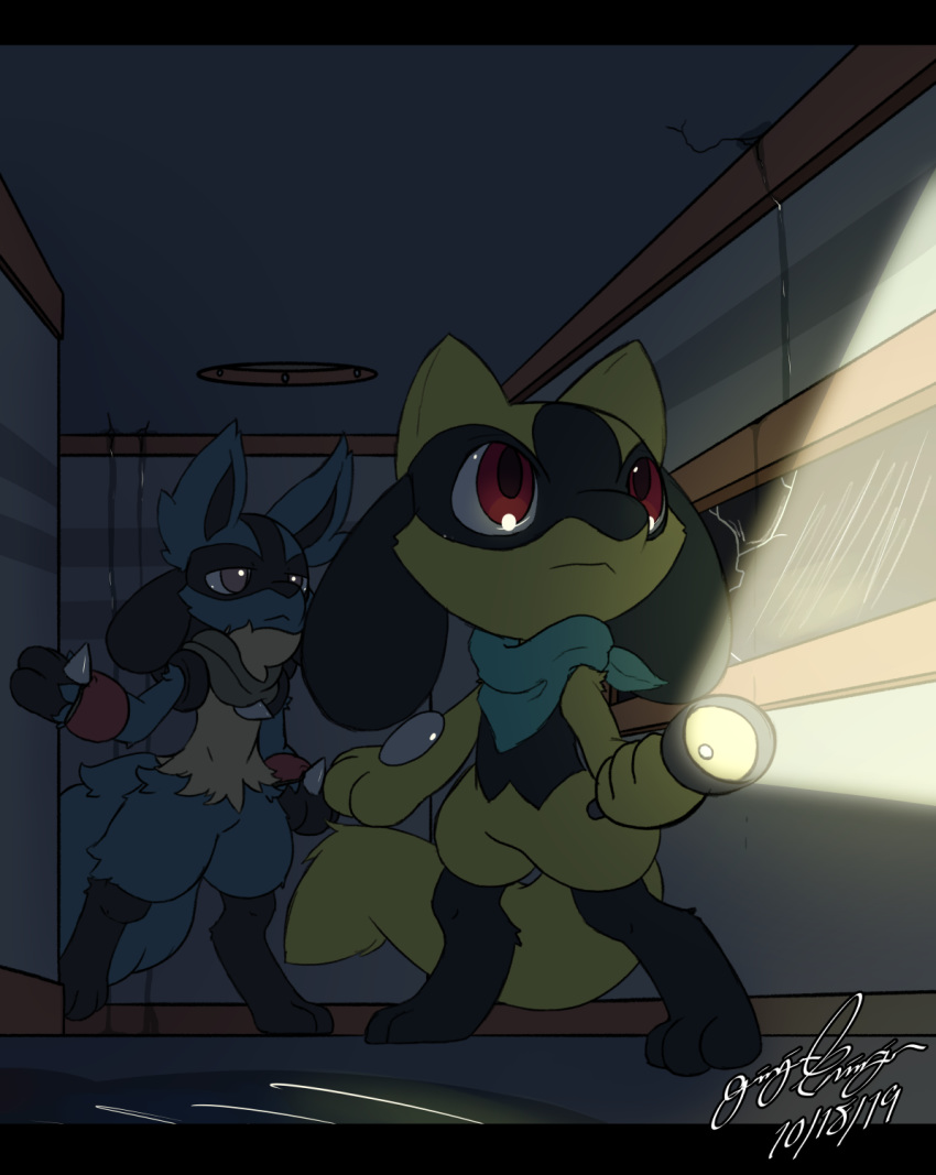 2019 ambiguous_gender anthro black_body black_fur blue_body blue_fur blue_scarf dark_theme detailed_background digital_media_(artwork) duo eye_reflection flashlight fur gingy_k_fox grey_eyes hi_res inside leg_tuft long_tail looking_aside looking_forward lucario mostly_nude neck_tuft nintendo pok&eacute;mon pok&eacute;mon_(species) pok&eacute;mon_mystery_dungeon puddle red_eyes reflection riolu scarf shiny_pok&eacute;mon spikes standing tail_tuft tuft video_games walking water window yellow_body yellow_fur