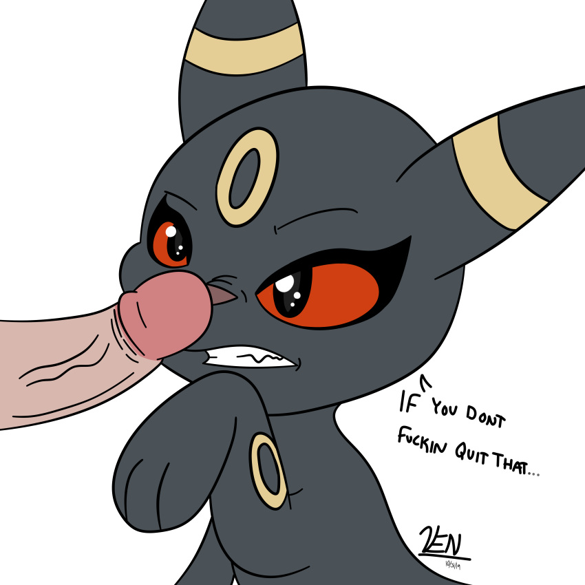 1:1 absurd_res ambiguous_gender angry baring_teeth black_body black_fur boop duo eeveelution english_text feral fur hi_res human male male/ambiguous mammal nintendo penis penis_on_face pok&eacute;mon pok&eacute;mon_(species) profanity raised_arm red_eyes teeth text umbreon venasii video_games