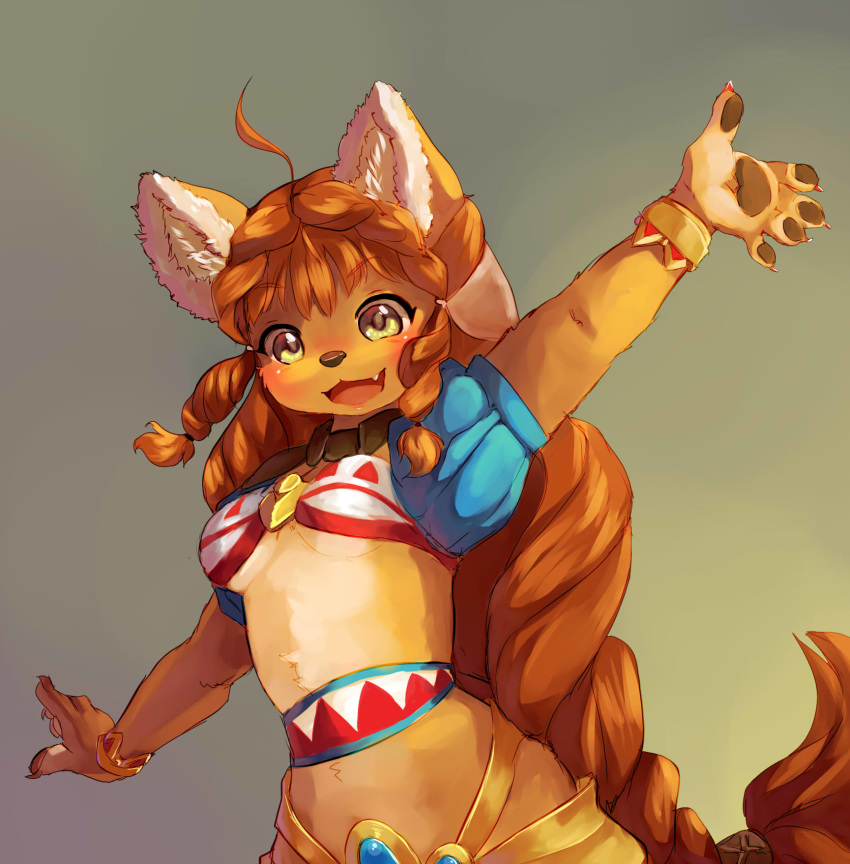 anime anthro biped breasts canid canine canis claws clothing cute_fangs domestic_dog female grey_background hair hi_res looking_at_viewer mammal multicolored_clothing multicolored_topwear orange_hair red_claws red_clothing red_topwear simple_background small_breasts smile solo talilly topwear white_clothing white_topwear yellow_clothing yellow_topwear