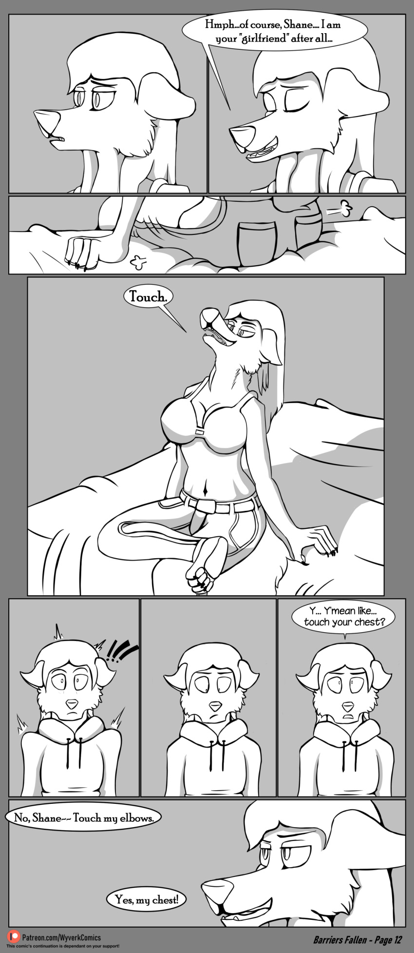 2019 4_toes 5_fingers absurd_res anthro bed breasts canid canine canis clothed clothing comic female fingers furniture greyscale hi_res jackywind llori_gray male mammal monochrome mother mother_and_child mother_and_son parent parent_and_child shane_gray son toes