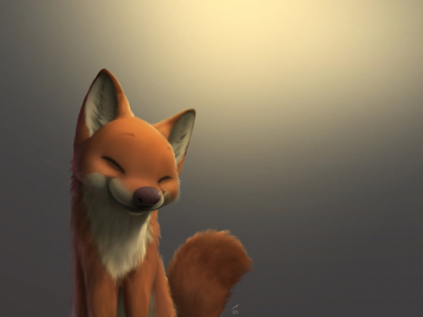 12-9 12-9_(character) black_nose brown_body brown_fur canid canine eyes_closed feral fluffy fluffy_tail fox fur grey_background inner_ear_fluff light lighting mammal signature simple_background smile solo tan_body tan_fur tuft