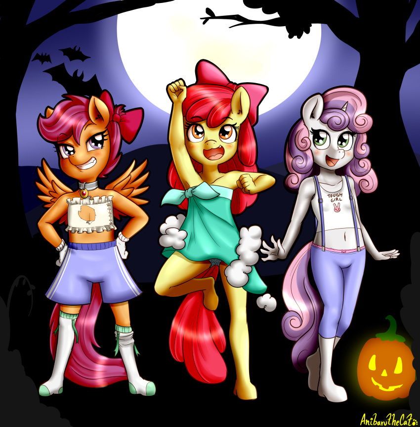 2019 absurd_res accessory anibaruthecat anthro anthrofied apple_bloom_(mlp) blush chiropteran clothed clothing collar cutie_mark_crusaders_(mlp) earth_pony english_text equid equine eyelashes feathered_wings feathers female flat_chested friendship_is_magic full_moon grin group hair hair_accessory hair_bow hair_ribbon halloween hi_res holidays horn horse jack-o'-lantern legwear mammal midriff moon multicolored_hair my_little_pony navel night on_one_leg open_mouth open_smile outside panties panty_shot pony pterippus purple_hair raised_arm red_hair ribbons scootaloo_(mlp) smile socks standing sweetie_belle_(mlp) text two_tone_hair underwear unicorn wings young
