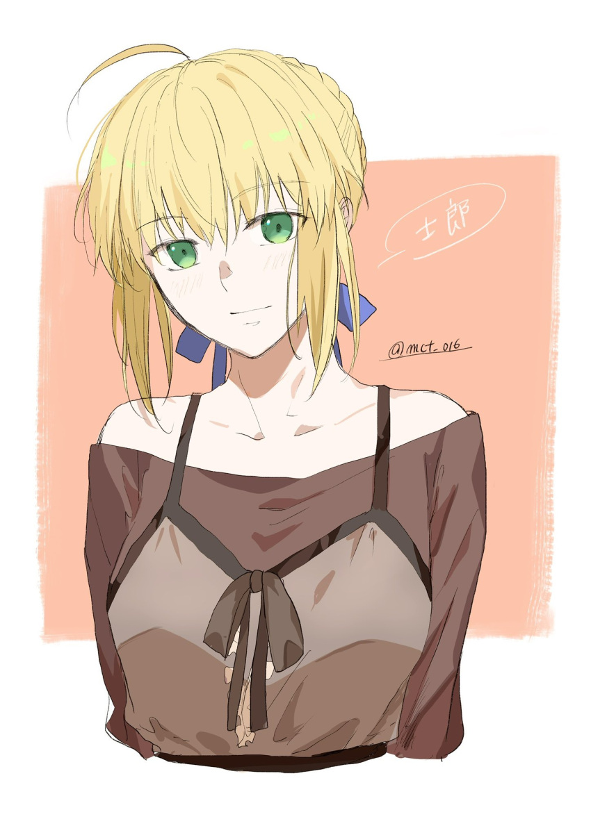 1girl ahoge artist_name artoria_pendragon_(fate) blonde_hair braid braided_bun bun_with_braided_base fate/stay_night fate_(series) green_eyes hair_bun highres mct saber_(fate) shirt signature twitter_username upper_body