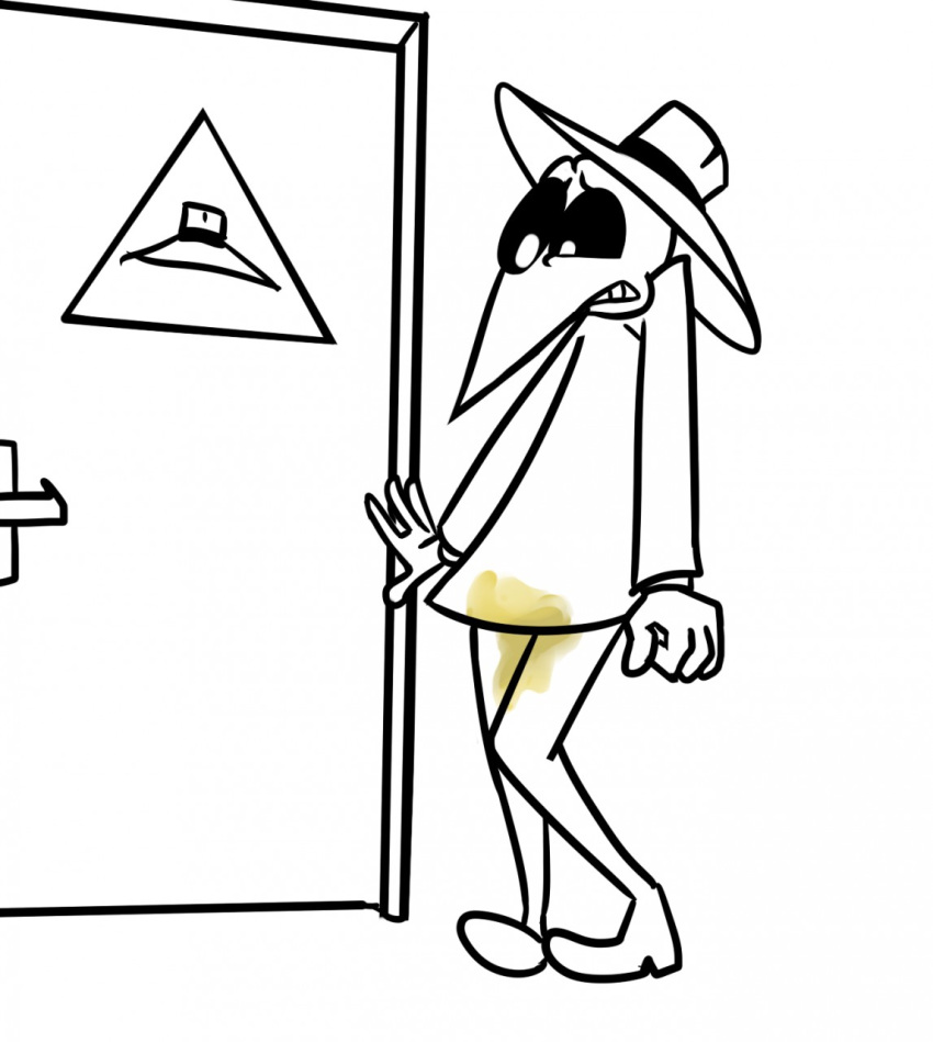 black_eyes bodily_fluids clothed clothing door genital_fluids hat headgear headwear hi_res humanoid omorashi pointy_nose sleaze_(artist) spy_vs_spy urine wetting white_spy why