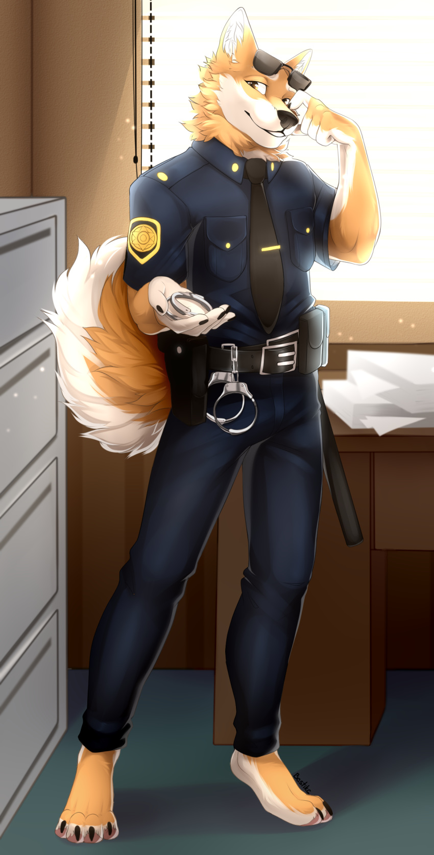 2019 4_toes 5_fingers anthro barefoot bastika biped brown_eyes canid canine canis clothed clothing detailed_background digital_media_(artwork) domestic_dog fingers fur hi_res male mammal smile solo standing tan_body tan_fur toes