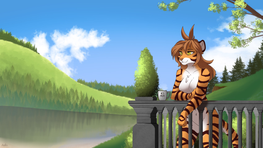 aello anthro breasts brown_hair chest_tuft cloud cup detailed_background featureless_breasts featureless_crotch felid female flora_(twokinds) fur hair lake mammal nude orange_body orange_fur outside pantherine reflection scenery sky solo stripes tiger tree tuft twokinds webcomic white_body white_fur yellow_eyes