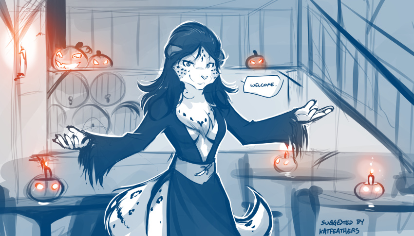 2019 7:4 adira_(twokinds) anthro breasts chest_tuft claws cleavage clothed clothing conditional_dnp costume dialogue dress elvira:_mistress_of_the_dark english_text felid female fluffy food fruit fur halloween hi_res holidays inside jack-o'-lantern keidran mammal mature_female monochrome pantherine plant pumpkin sketch smile snow_leopard solo spots spotted_body spotted_fur spread_arms text tom_fischbach tuft twokinds webcomic