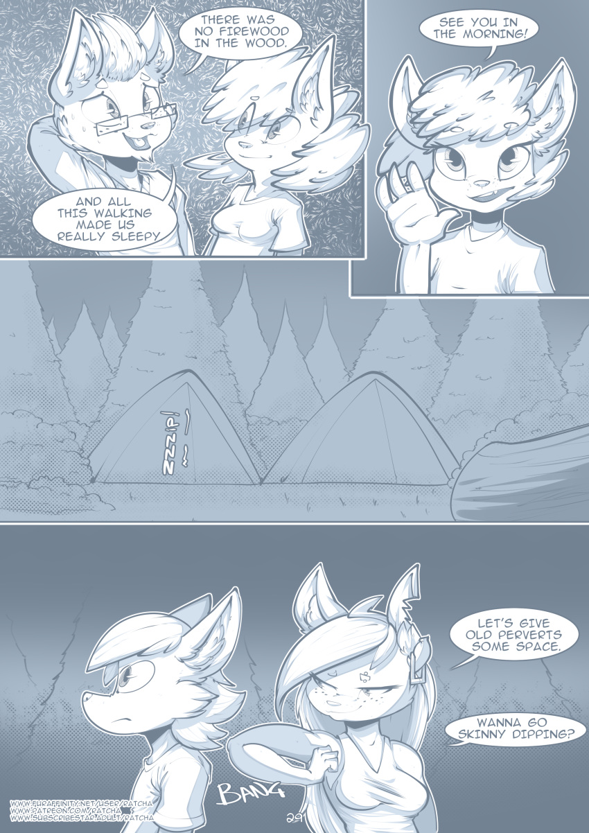 2019 absurd_res anthro brother brother_and_sister canid canine clothed clothing comic dialogue digital_media_(artwork) english_text female fox fur hair hi_res male mammal outside parent ratcha rick_(ratcha) rina_(ratcha) sibling sister tent text tree