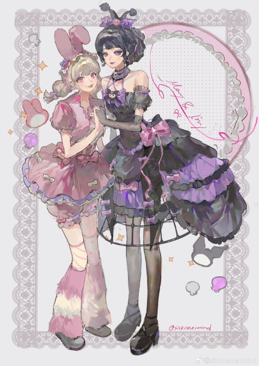 2girls bare_shoulders black_hair black_pantyhose blonde_hair bloomers bow choker collarbone colored_sclera crinoline elbow_gloves frilled_hairband frills fur_leg_warmers gloves hairband highres identity_v interlocked_fingers kuromi lace lace_gloves leg_warmers lily_barriere lily_barriere_(stunning_my_melody) looking_at_viewer mary_(identity_v) mary_(merry_kuromi)_(identity_v) multiple_girls my_melody pantyhose pink_bloomers pink_bow pink_eyes pink_leg_warmers pink_lips puffy_shorts puffy_sleeves purple_bow purple_choker purple_lips purple_sclera sanrio short_twintails shorts sicknevermind solid_eyes thighhighs twintails weibo_username white_bow