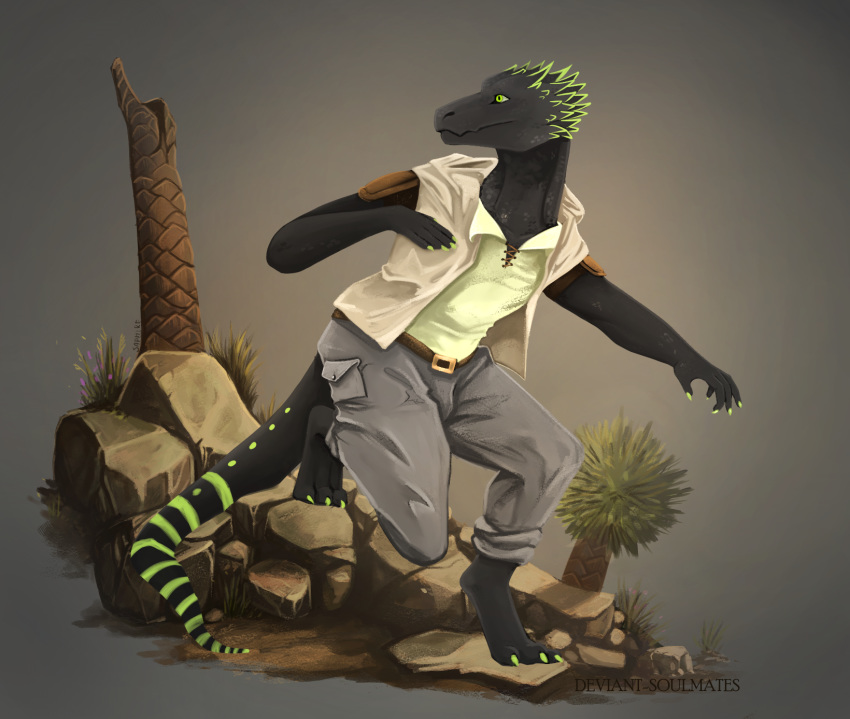 2019 4_toes 5_fingers anthro barefoot biped black_body black_scales deviant-soulmates digital_media_(artwork) digitigrade fingers green_eyes hi_res lizard male reptile scales scalie solo toes