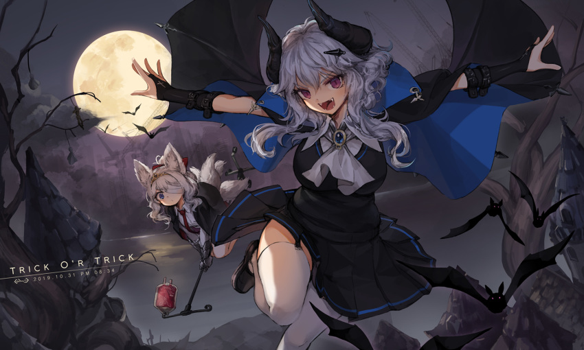 2girls bandage blue_eyes dress elbow_gloves eyepatch foxgirl garter_belt gloves gray_hair horns jakoujika long_hair moon multiple_tails night original purple_eyes stockings tail thighhighs tie tree wings