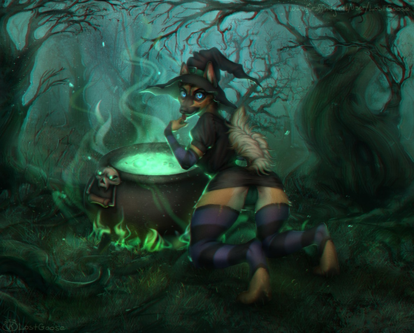 2019 anthro blue_eyes breasts canid canine canis cauldron clothed clothing detailed_background domestic_dog female forest german_shepherd halloween hat headgear headwear herding_dog holidays legwear looking_at_viewer lostgoose magic magic_user mammal night panties pastoral_dog pattern_clothing presenting solo stockings striped_clothing stripes tongue tree underwear witch