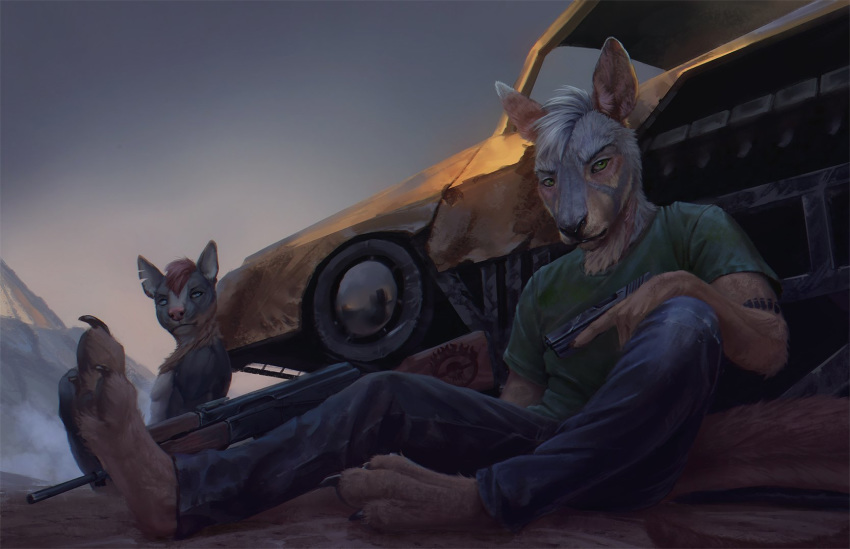 2019 3_toes anthro car clothed clothing conditional_dnp day digital_media_(artwork) duo fingers green_eyes gun hi_res kangaroo latex_(artist) looking_at_viewer macropod male mammal marsupial outside ranged_weapon sitting sky toes vehicle weapon