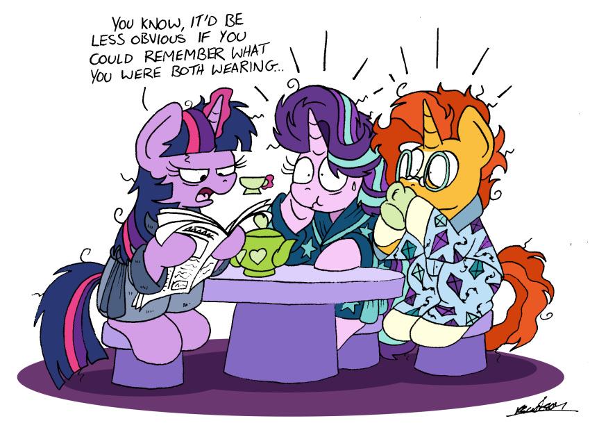 2019 bobthedalek bodily_fluids clothed clothing comic cup embarrassed english_text equid female feral friendship_is_magic furniture group hi_res horn humor magic male mammal my_little_pony newspaper simple_background starlight_glimmer_(mlp) sunburst_(mlp) sweat table text twilight_sparkle_(mlp) unicorn white_background winged_unicorn wings