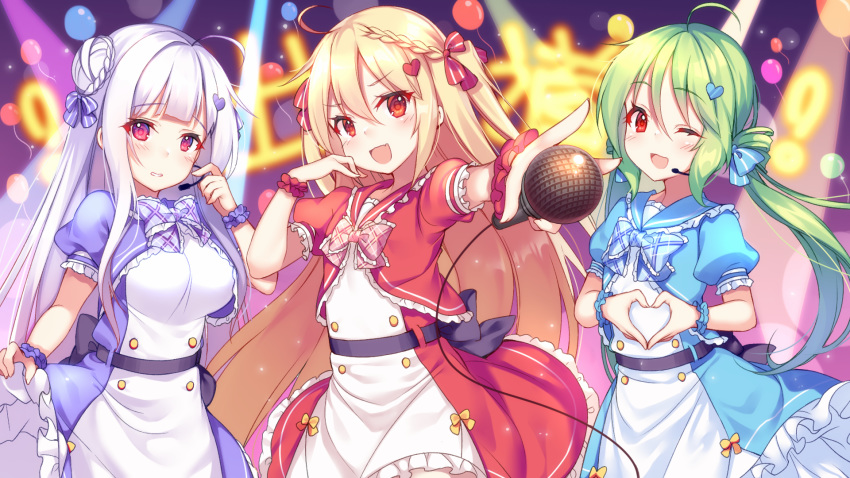 anthropomorphism azur_lane blonde_hair comet_(azur_lane) crescent_(azur_lane) cygnet_(azur_lane) dress green_hair kazucha long_hair microphone purple_eyes red_eyes ribbons twintails white_hair