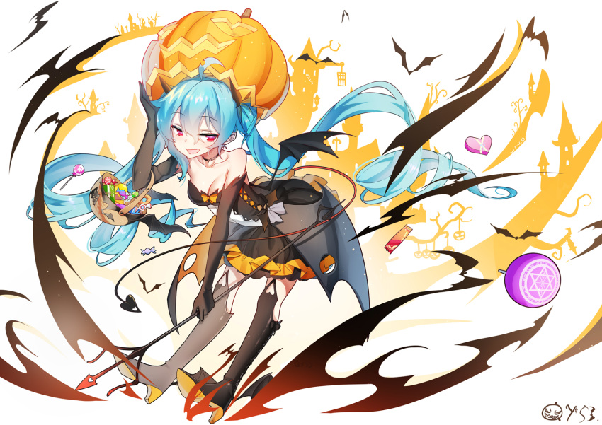 animal aqua_hair bai_yemeng bat boots bow breasts candy choker cleavage dress elbow_gloves gloves halloween hatsune_miku heart long_hair pumpkin red_eyes signed spear twintails vocaloid weapon wings