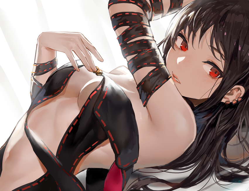 black_hair breasts cleavage close consort_yu_(fate) cropped danann fate/grand_order fate_(series) long_hair navel no_bra red_eyes