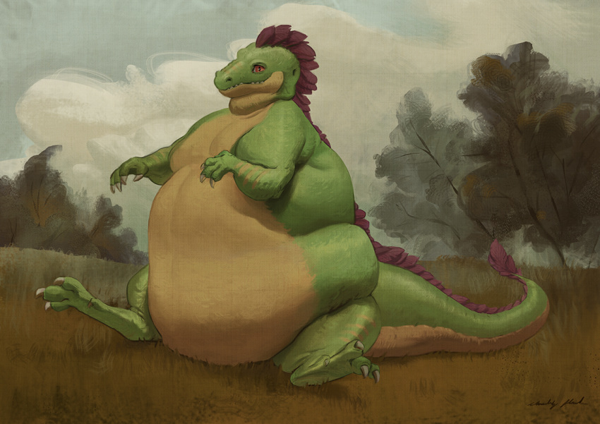 2019 ambiguous_gender anthro belly big_belly biped chubby-shark claws cloud detailed_background digital_media_(artwork) dinosaur dromaeosaurid nude obese obese_ambiguous overweight overweight_ambiguous reptile scalie sitting sky smile solo theropod