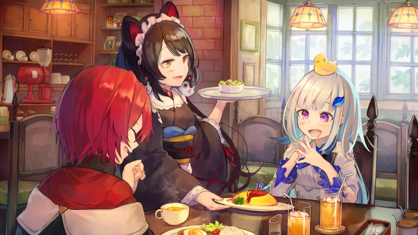 ange_katrina animal_ears bicolored_eyes black_hair brat drink food headdress inui_toko japanese_clothes lize_helesta long_hair maid nijisanji pink_eyes red_hair rubber_duck sebastian_piyodore short_hair waitress white_hair