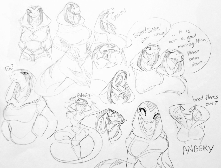 big_breasts black_and_white breasts cleavage_cutout clothed clothing cobra digital_media_(artwork) female glacierclear keyhole_turtleneck kiisa monochrome niisa non-mammal_breasts open_mouth reptile scales scalie sibling sketch snake speech_bubble stripes sweater text thick_thighs topwear twins wide_hips yawn