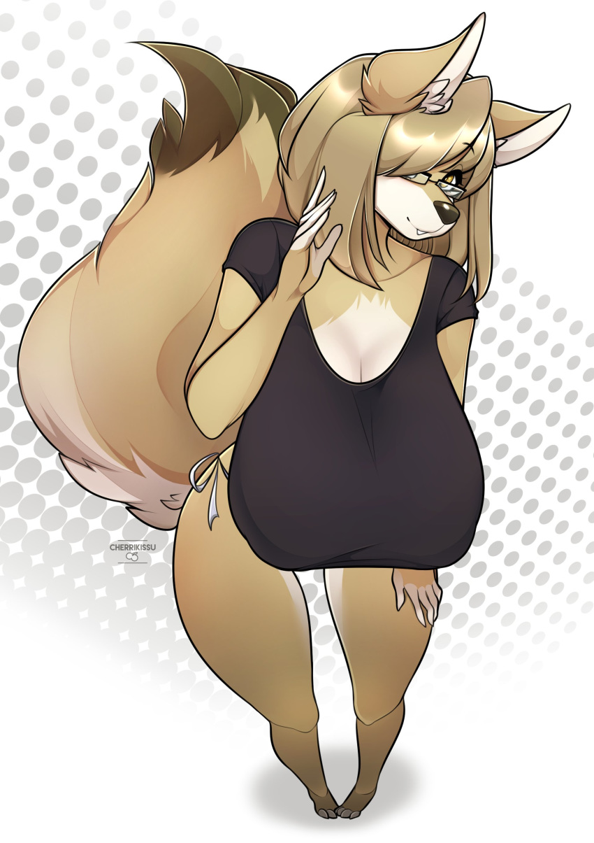 2018 absurd_res anthro barefoot big_breasts biped black_nose breasts brown_body brown_fur brown_hair canid canine canis cherrikissu cheyenne_(inu-dono) clothed clothing coyote digital_media_(artwork) eyewear female fur glasses hair hair_over_eye hi_res huge_breasts looking_at_viewer mammal natural_breasts paws shirt simple_background smile solo toes topwear white_body white_fur yellow_eyes