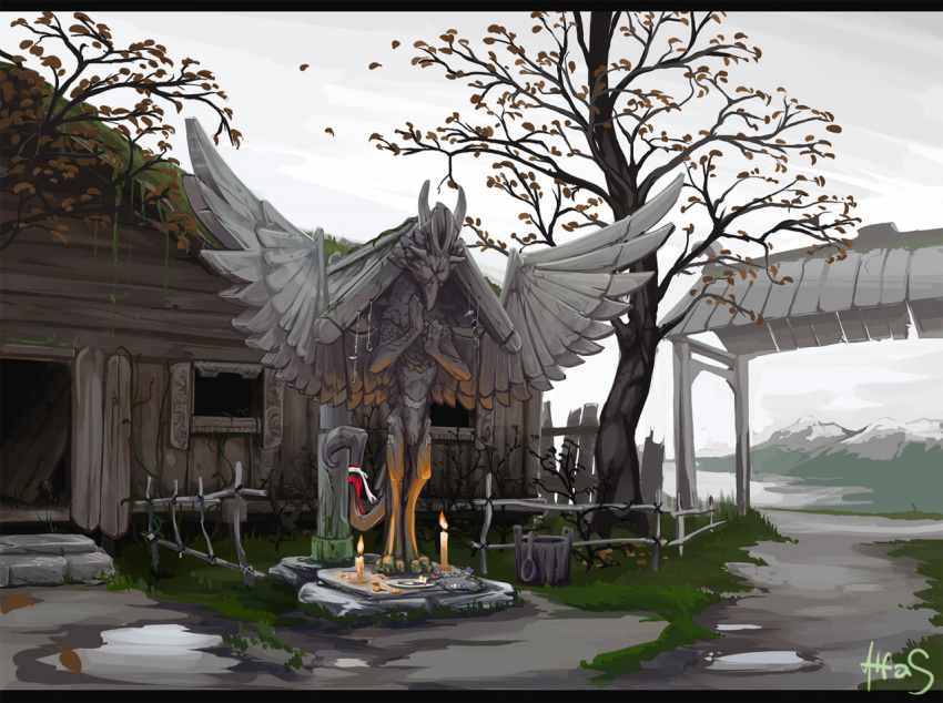 alfas ambiguous_gender avian building candle detailed_background digitigrade fire gryphon house outside sculpture statue tree wings